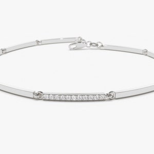 14k White  Solid Gold Pave Diamond Bar Bracelet