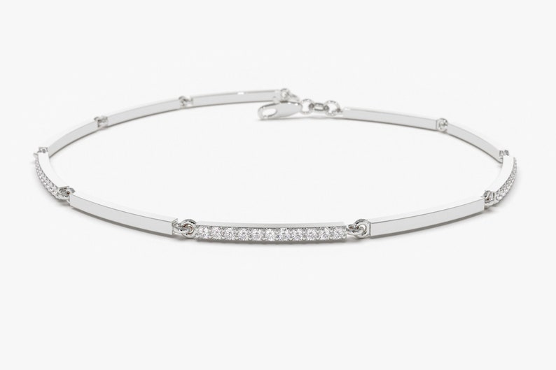 14k White  Solid Gold Pave Diamond Bar Bracelet