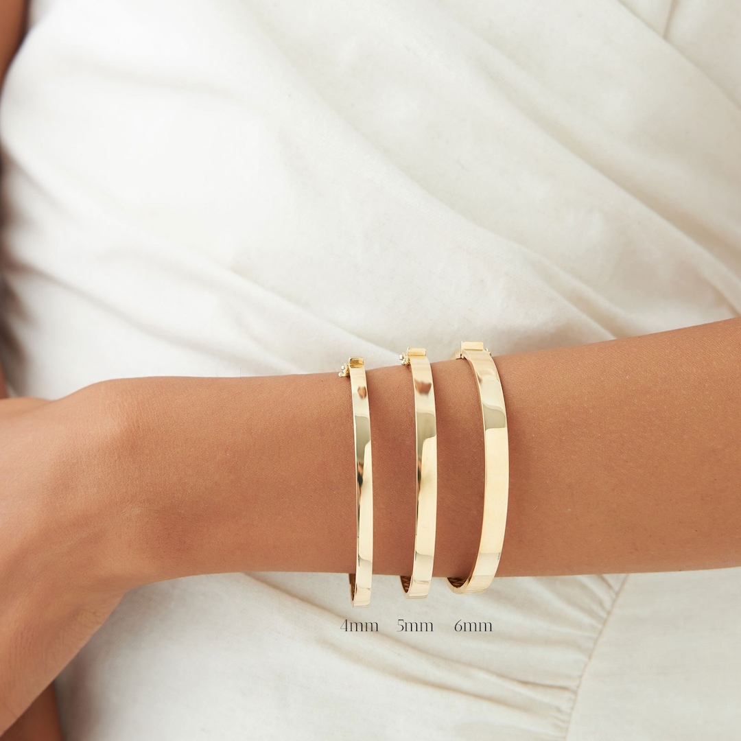 Flat Gold Bracelet Bangle, 4MM 5MM 6MM Hinged Bangle Bracelet, 14K ...