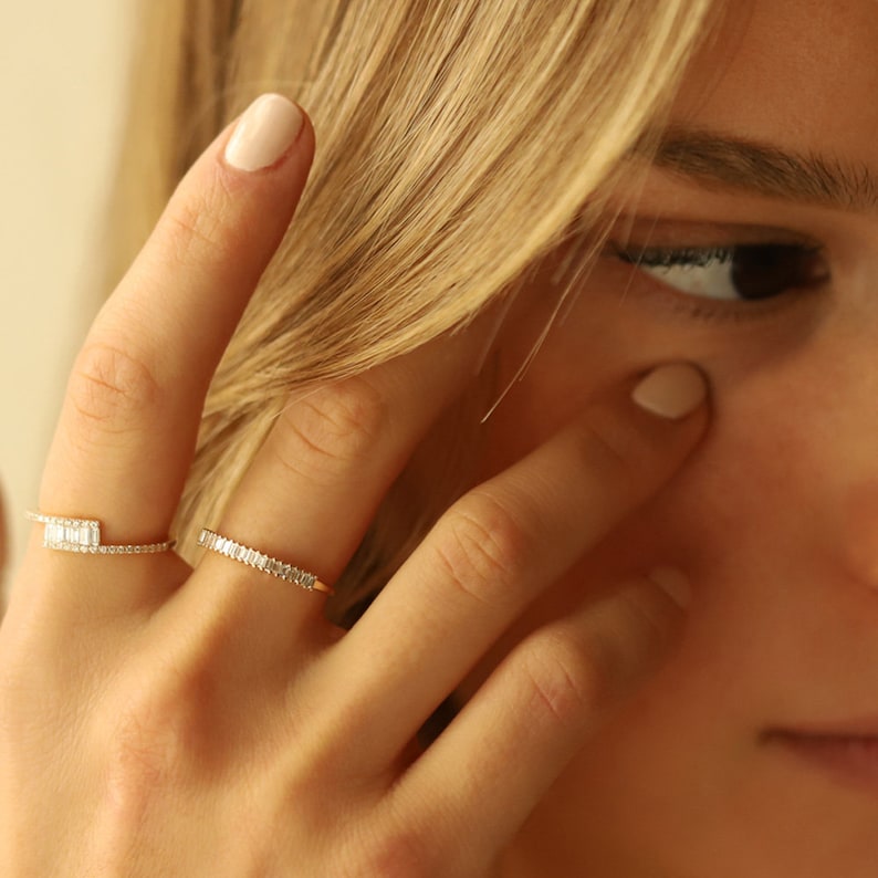 Stackable Ring / 14k Solid Gold Baguette Diamond Wedding Band / 2.4 MM Width Petite Dainty Baguette Diamond Ring by Ferkos Fine Jewelry