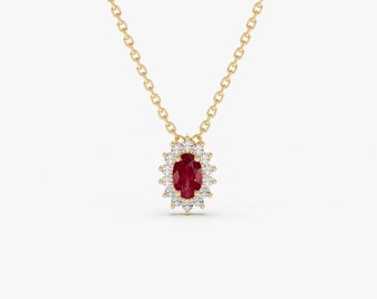 Ruby Necklace  / 14k Gold Ruby Pendant with Halo Diamonds / Classic Ruby Necklace / Mini Ruby Necklace / July Birthstone