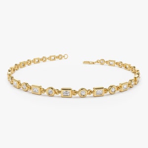 Diamond Tennis Bracelet, 14K Gold Round and Baguette Diamond Bracelet, Minimalist Stacking Bracelet, Diamond Gold Flexible Bracelet