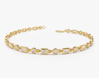 Diamond Tennis Bracelet, 14K Gold Round and Baguette Diamond Bracelet, Minimalist Stacking Bracelet, Diamond Gold Flexible Bracelet