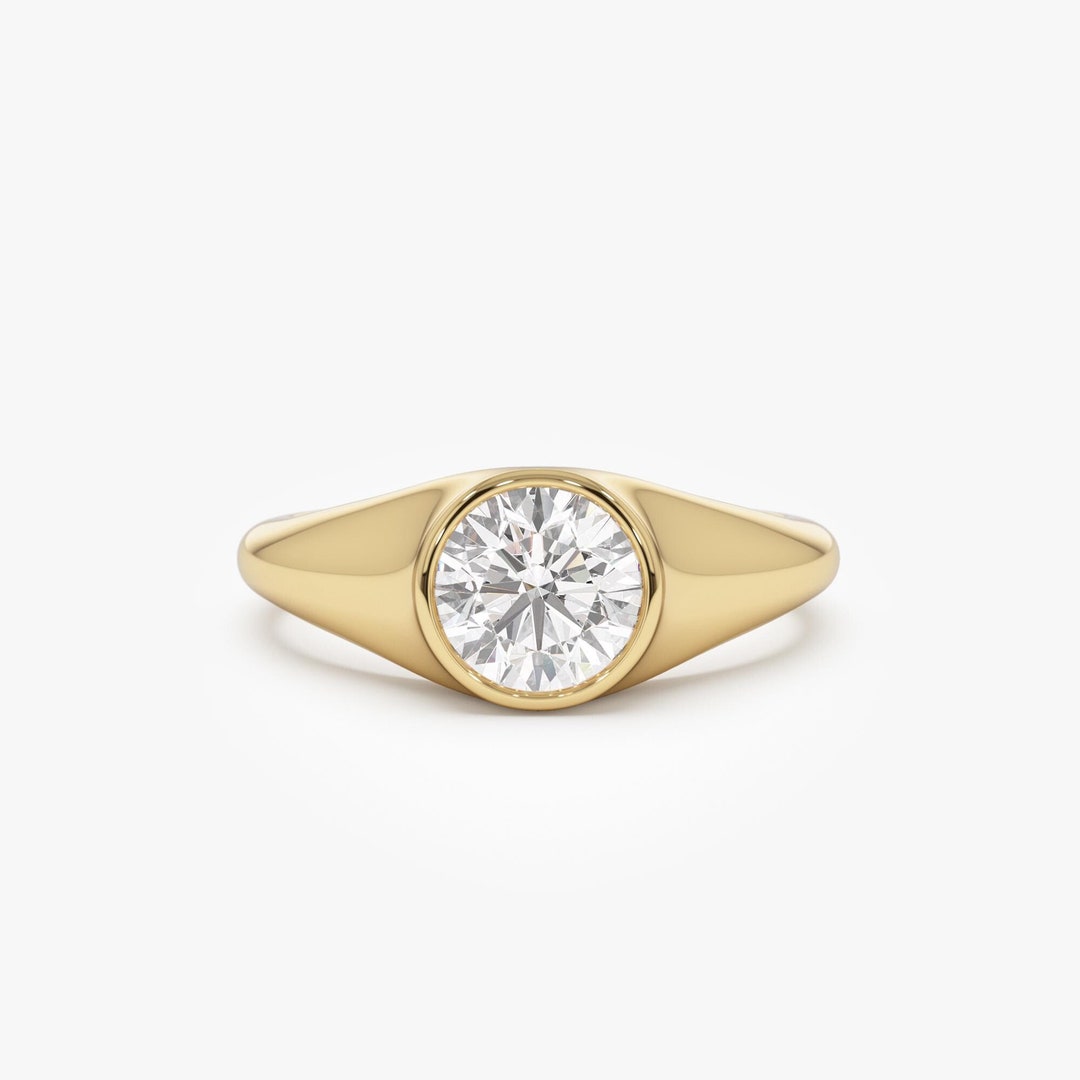 Round Cut Lab Grown Diamond Signet Ring, 14K Gold 1.00 Ctw Bezel Set ...