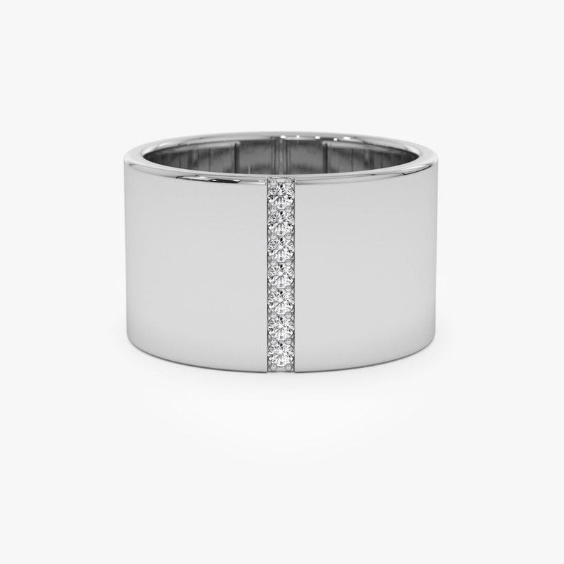 14k White Gold Cigar Band with Pave Diamond Line