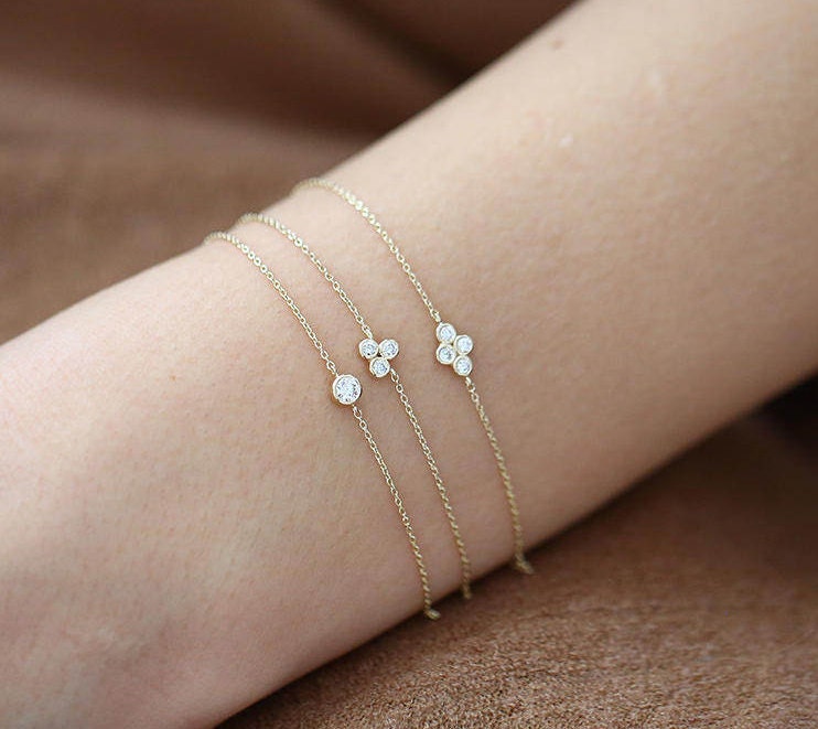 Dainty Gold Diamond Bracelet / 14K Solid Gold Four Stone Etsy