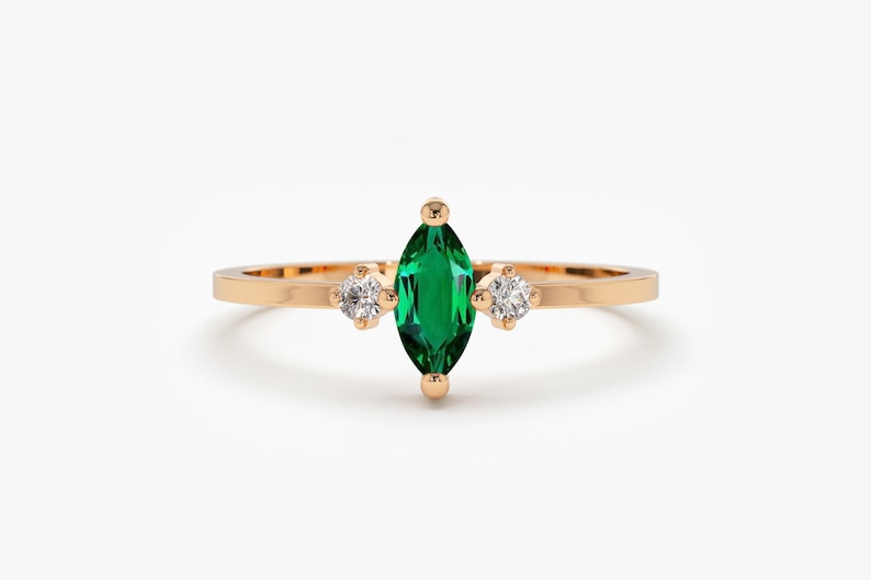 14k Stackable Natural Emerald Ring Marquise Emerald Ring and Diamond Ring Dainty Emerald Ring Genuine Emerald Ring May Birthstone
