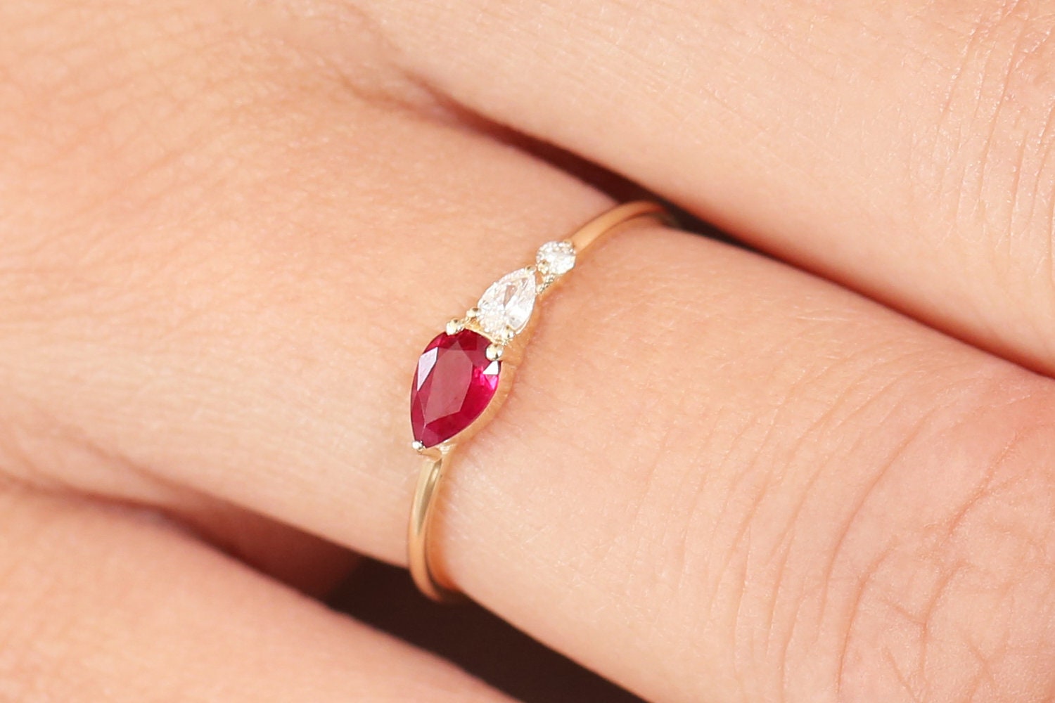 Ruby Ring / 14k Gold Pear Shape Natural Ruby With Pear Shape Diamond ...