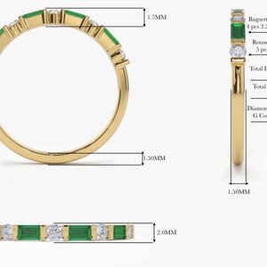 14k Solid Gold Natural Emerald Baguette and Genuine Round Diamond Stackable Womens Wedding Ring  Detailed View