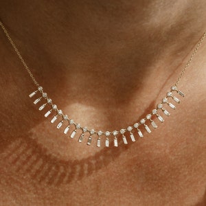 Diamond Necklace / 14k Gold Baguette and Round Diamonds Statement Piece Necklace / Anniversary Gift / Bridal Diamond Necklace by Ferkos