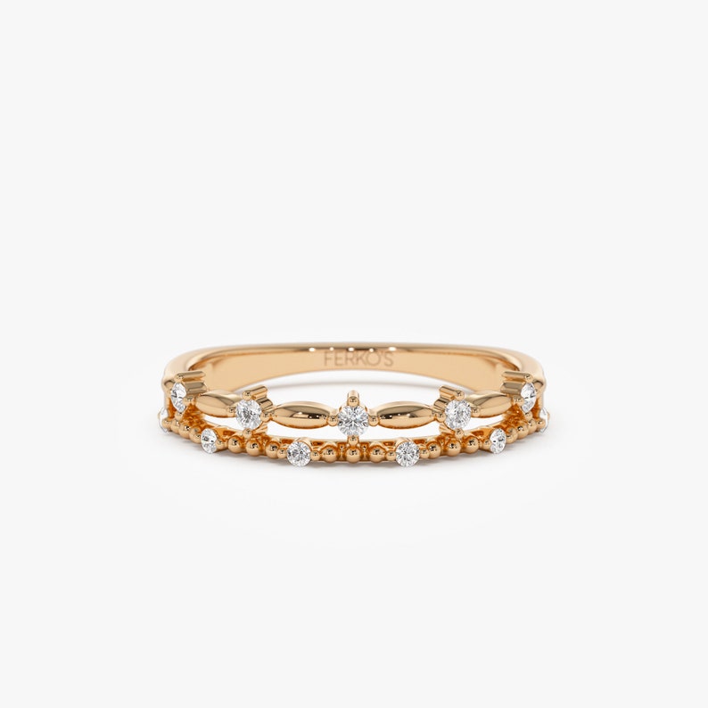 Stackable Rings, 14k Gold Diamond Double Band Ring, Beaded Tiny Round ...