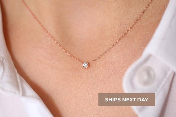 Diamond Necklace Jewelry 14k Rose Gold Brilliant Cut Solitaire Necklace  Bridal Jewelry Bezel Setting Choker Necklace