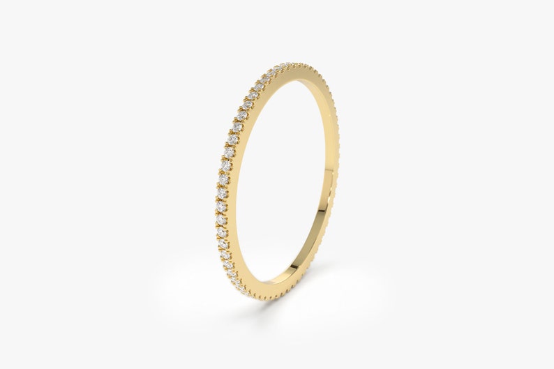 14k Gold Thin Diamond Wedding Band Side View