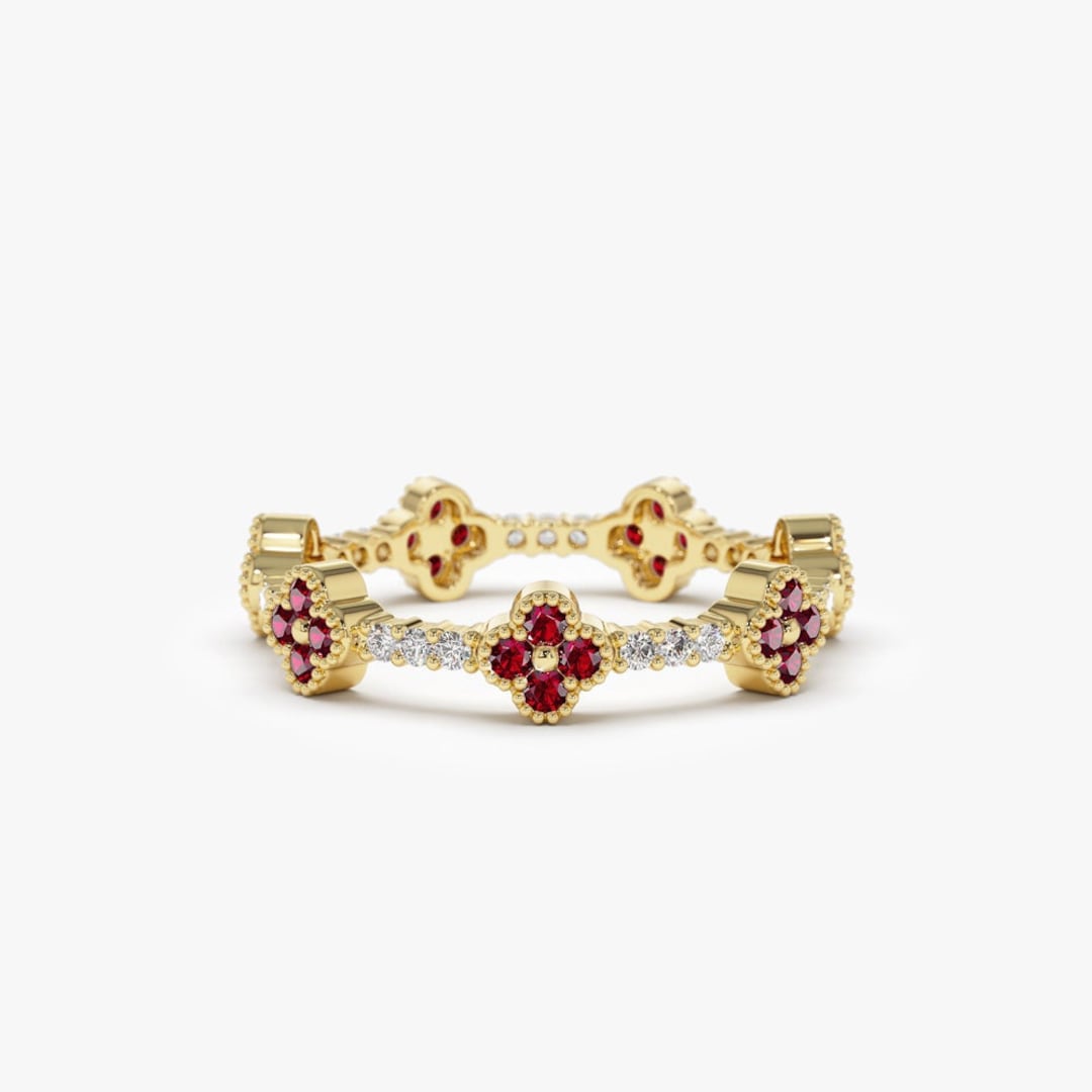 Clover Ring / Full Eternity Ruby and Diamond Ring in 14k Gold / Stacking Ring / Ruby Stackable Ring / July Birthstone Ferkos Fine Jewelry
