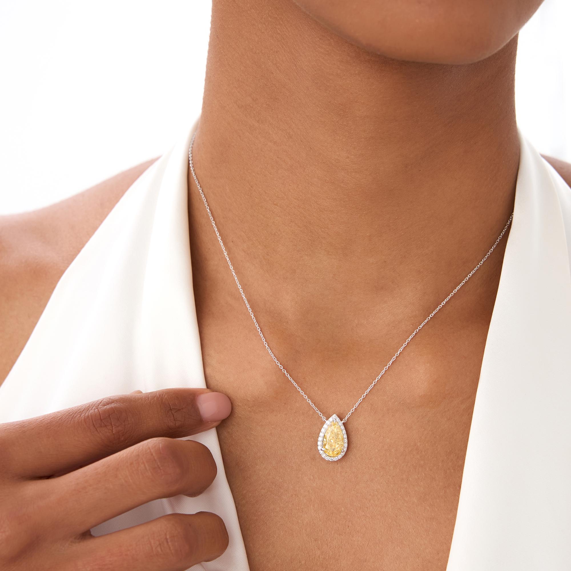 2.25 Ctw Fancy Yellow Lab Diamond Pear Halo 14k Gold Necklace, One