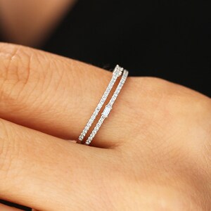 Unique Diamond Stackable Ring / 14k Gold Double Row Micro Pave Ring with Baguette Diamonds / Statement Ring by Ferkos Fine Jewelry