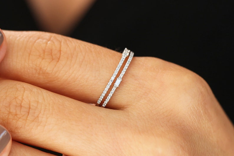 Unique Diamond Stackable Ring / 14k Gold Double Row Micro Pave Ring with Baguette Diamonds / Statement Ring by Ferkos Fine Jewelry