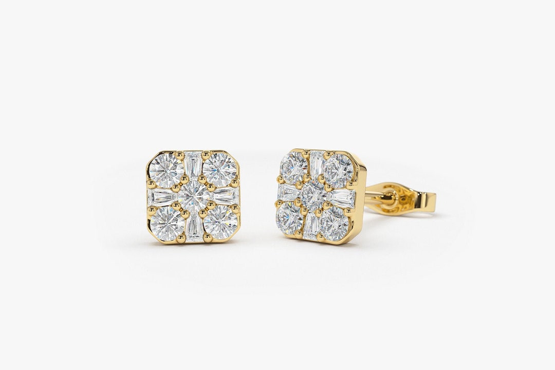 Diamond Earrings / 14k Solid Gold Natural Baguette Diamond and Round ...