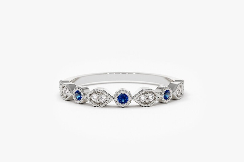 14k White Gold Stackable Sapphire Diamond Ring