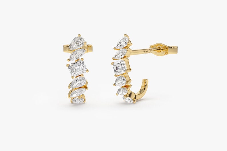 14k Gold Mixed Diamond Shapes Statement Stud Earrings