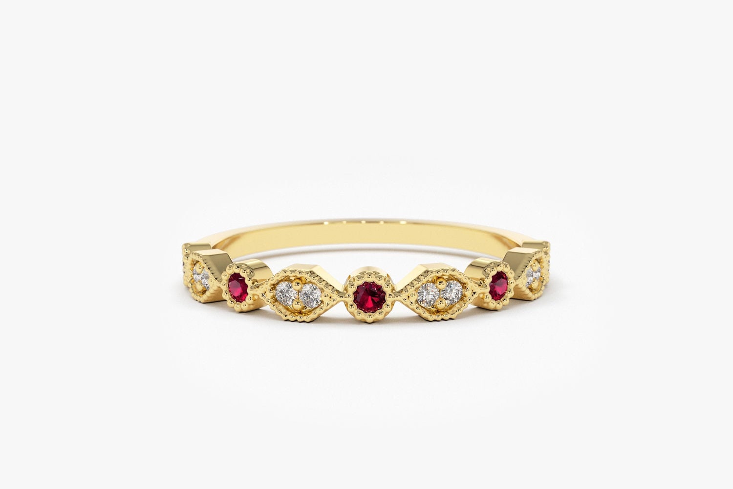 14k Gold Art Deco Ruby and Diamond Half Eternity Womens Wedding Ring ...