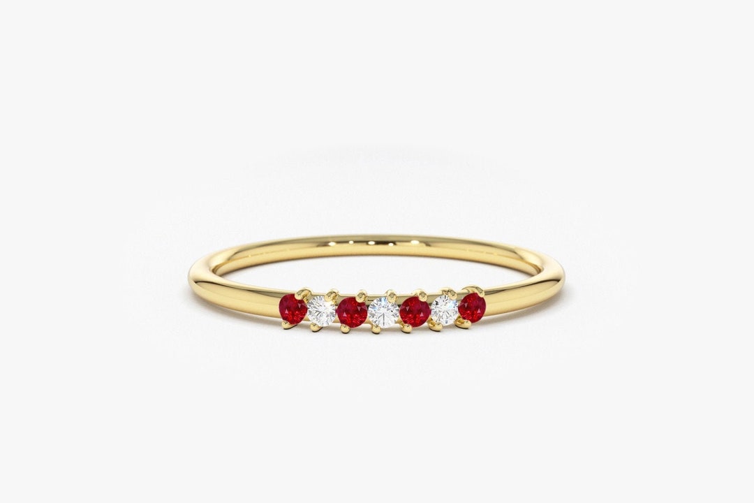 Ruby and Diamond Wedding Band in 14k Gold / Stackable Genuine Ruby Ring ...