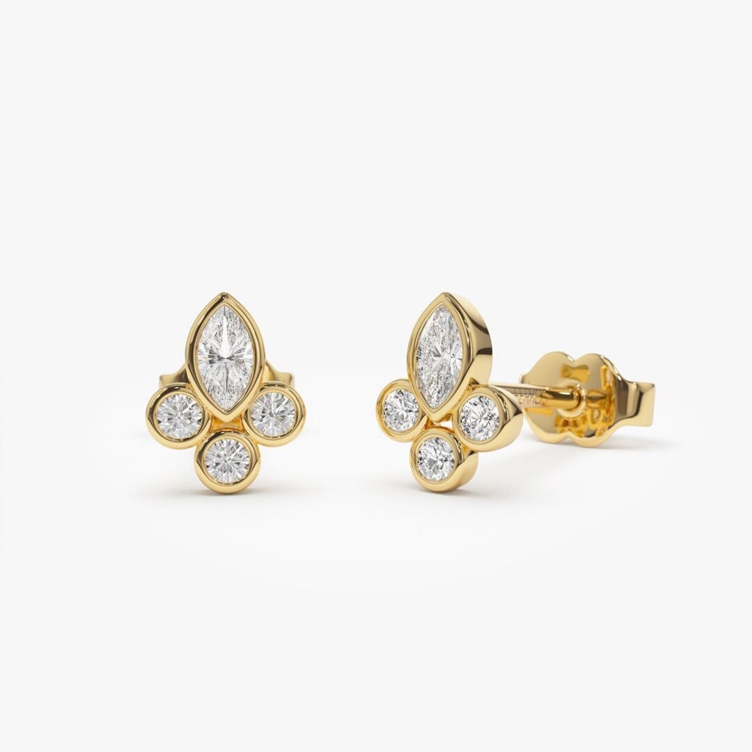 Diamond Studs / 14k Gold Marquise Shape and Round Diamond Earrings