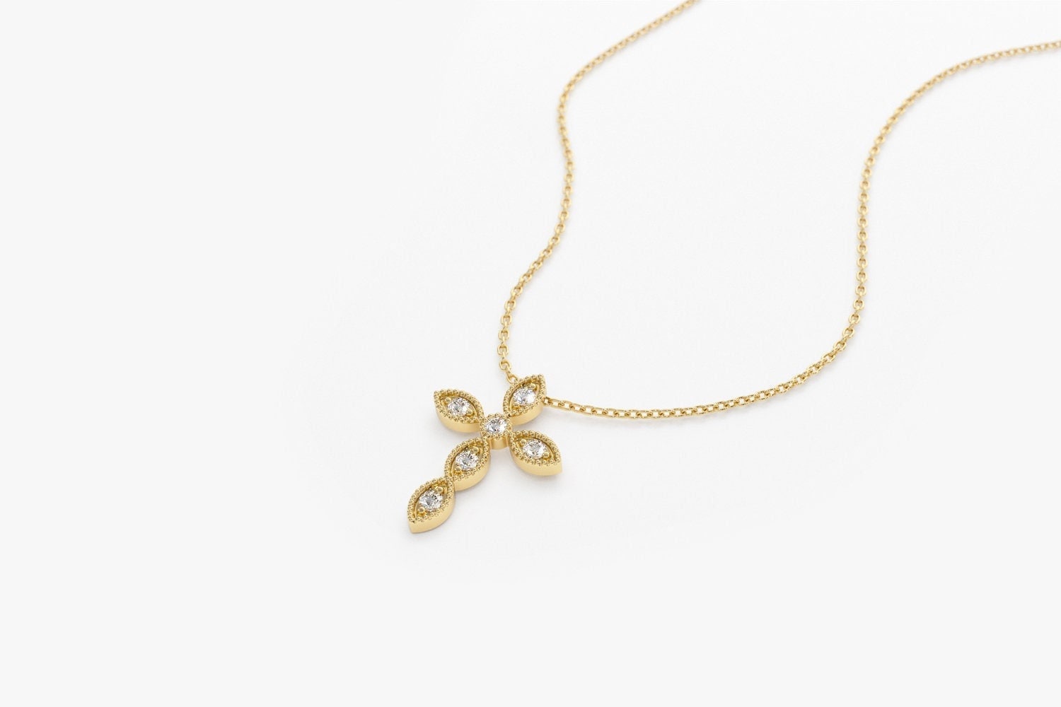 Diamond Cross Necklace, 14K Natural Diamond Pendant for Women, Art Deco Dimond Cross, Religious Gift, Black Friday Sale, Communion Gift