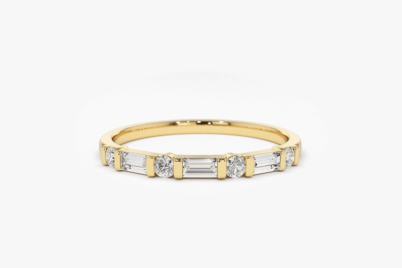 Alternating Baguette and Round Diamond Wedding Ring in 14k Gold by Ferkos Fine Jewelry / Gift for Mom, Gift for Her 14k Gold