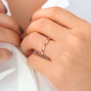 14k Gold Art Deco Ruby and Diamond Half Eternity Womens Wedding Ring / Stackable Ruby Diamond Ring / July Birthstone Ring
