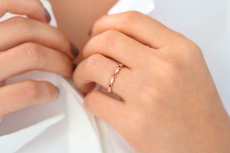 14k Gold Art Deco Ruby and Diamond Half Eternity Womens Wedding Ring / Stackable Ruby Diamond Ring / July Birthstone Ring