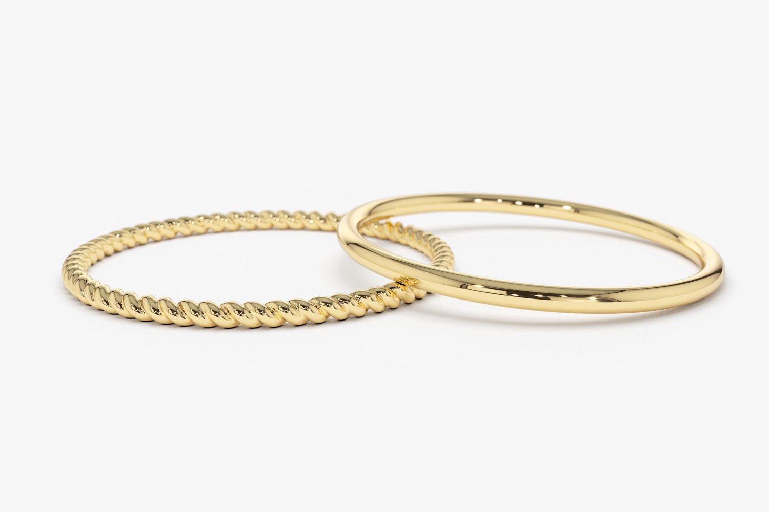 Solid Gold Ring / Stacking Set of Rings/ Wedding Ring Set/ 14k Gold Wedding Band Set/ 1.2MM Round Wedding Band with 1.2MM Twisted Rope Ring