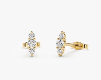 14k Triple Diamond Stud Earrings, Small Round Diamond, Daggering Diamond Studs, Small Dainty Stud Earrings, Solid Gold Earrings