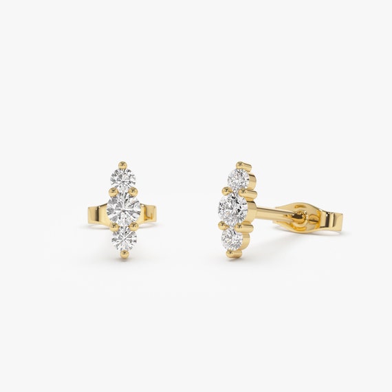 14k Triple Diamond Stud Earrings, Small Round Diamond, Daggering Diamond Studs, Small Dainty Stud Earrings, Solid Gold Earrings