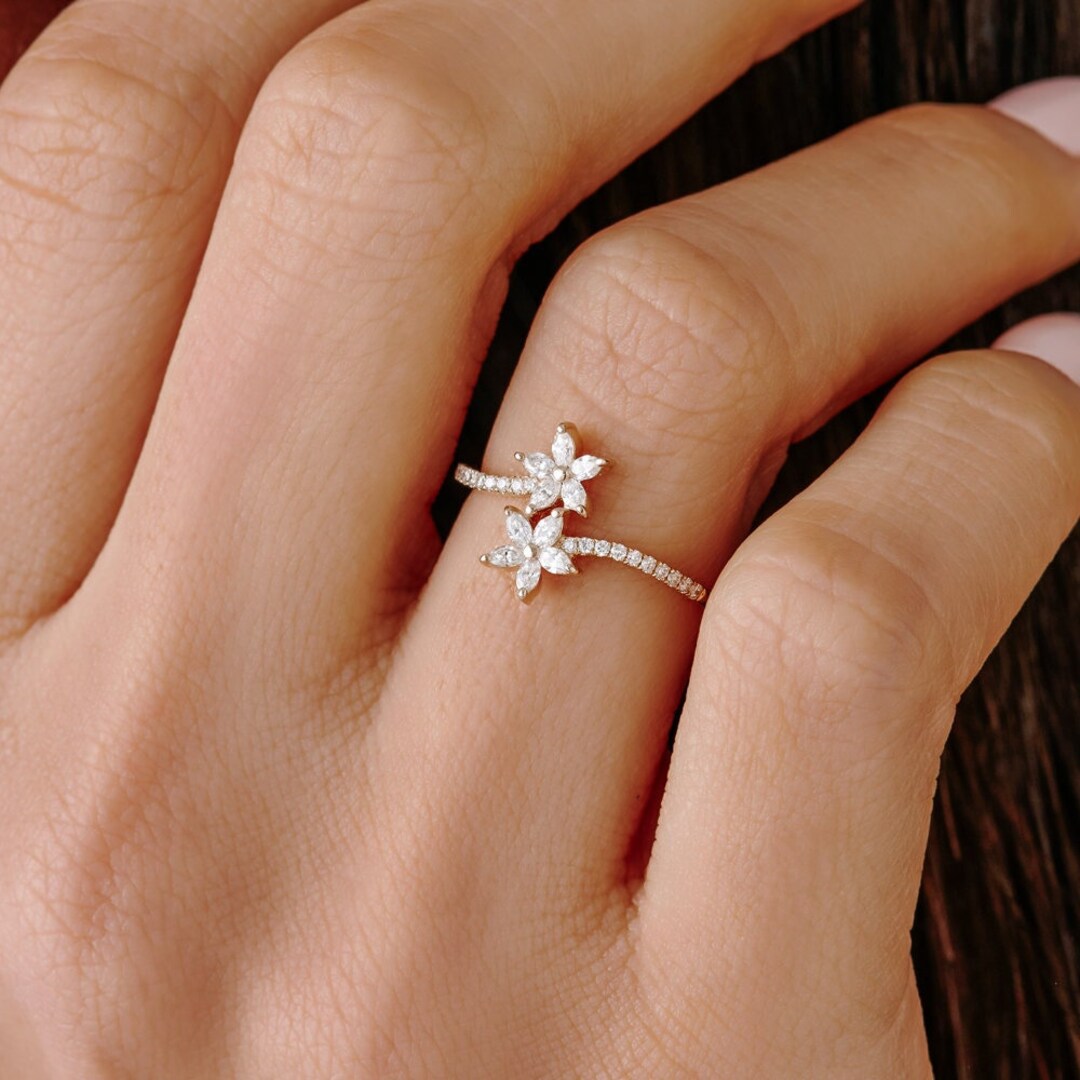 Marquise Diamond Flower Bypass Ring in 14k / 14k Gold Dainty Marquise