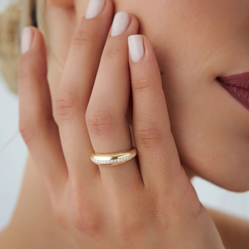 14k Gold Diamond Dome Ring, Small Balloon Ring with Pave Diamond Ring, Statement Stackable Diamond Ring for Women, Trendy Diamond Ring