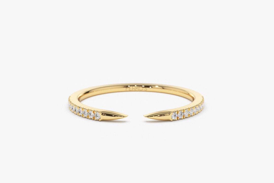 Stackable Ring / 14k Gold Pave Diamond Open Cuff Claw Diamond - Etsy