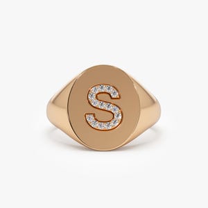 14K Rose Gold Personalized Oval Shape Diamond Signet Ring