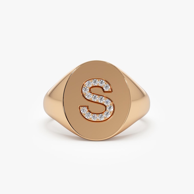 14K Rose Gold Personalized Oval Shape Diamond Signet Ring