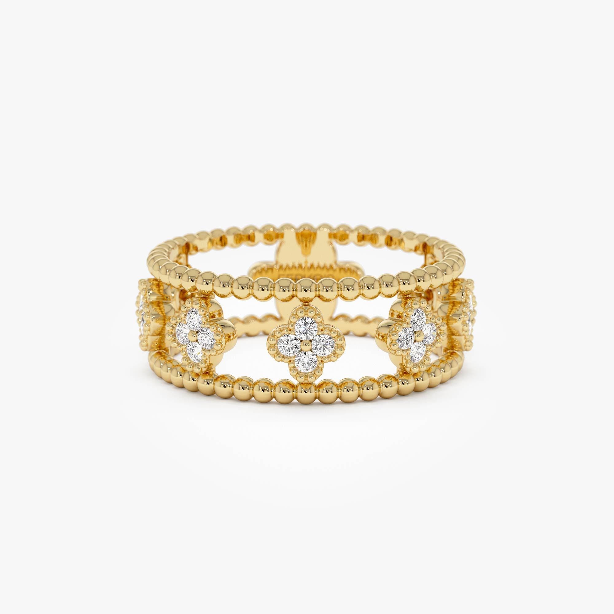 Diamond Ring, 14k Gold Half Eternity Diamond Clover Ring, Unique Beaded Gold Diamond Ring, Stackable Floral Band, Fine Jewelry for Women