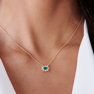 Emerald Necklace / 14k Tapered Baguette Diamond necklace with an Emerald / Unique Emerald Necklace / May Birthstone Necklace