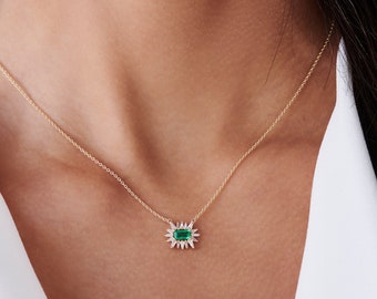 Emerald Necklace / 14k Tapered Baguette Diamond necklace with an Emerald / Unique Emerald Necklace / May Birthstone Necklace