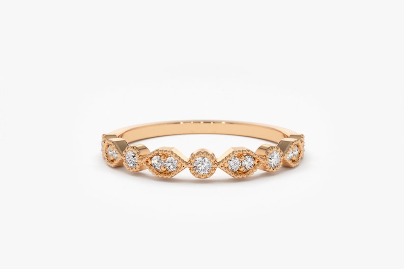 14k Rose Gold Round and Marquise Diamond Wedding Band