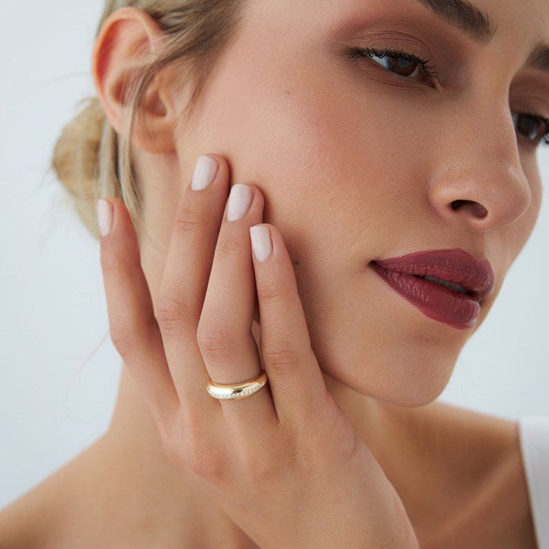 14k Gold Diamond Dome Ring, Small Balloon Ring with Pave Diamond Ring, Statement Stackable Diamond Ring for Women, Trendy Diamond Ring