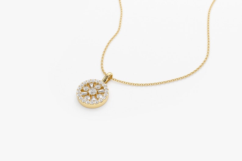 14K Baguette and Round Diamond Charm Necklace side View