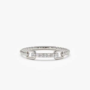 14k White Gold Rope Braid Stack Ring with Micro Pave Diamonds