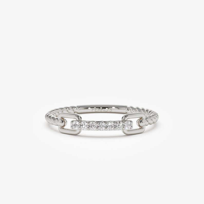 14k White Gold Rope Braid Stack Ring with Micro Pave Diamonds