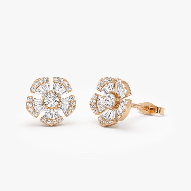 Baguette Diamond Flower Studs, 14K Solid Gold 0.85 Ctw Floral Earrings