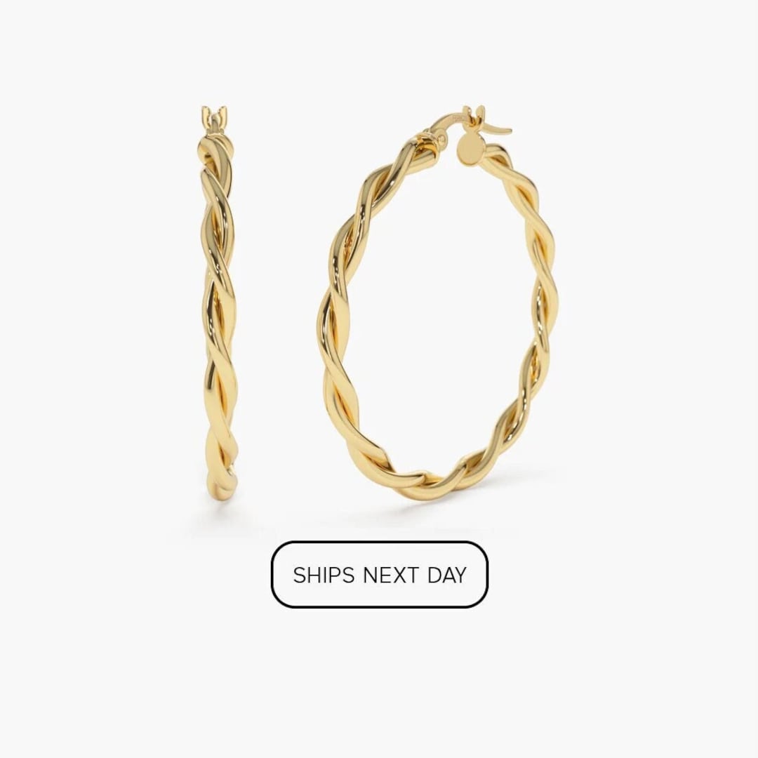 Gold Hoop Earrings, 14k Twist Rope Earrings 40MM, Rope Chain Hoop ...