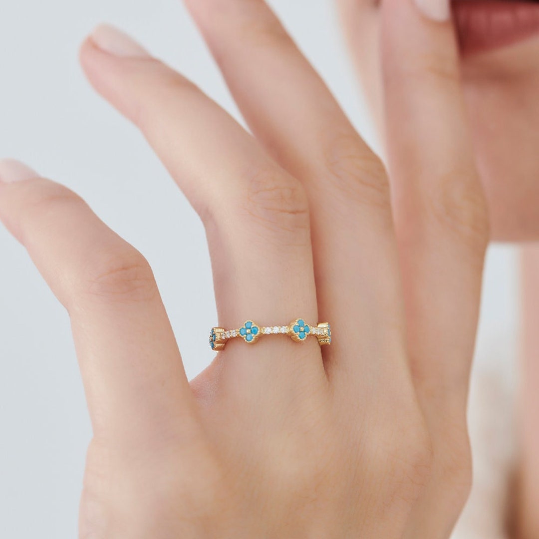 Full Eternity Turquoise and Diamond Clover Ring 14k Gold / Stacking Ring, Turquoise Stackable Ring / December Birthstone Ferkos Fine Jewelry